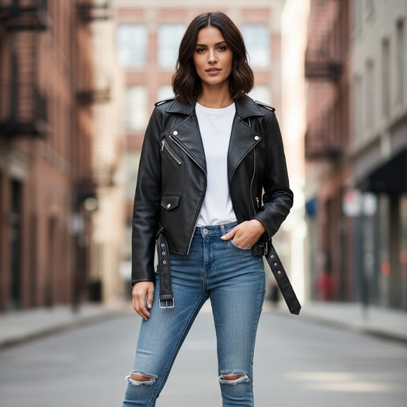 Calvin Klein Jeans Black Leather Biker Jacket - Picture 2 of 6